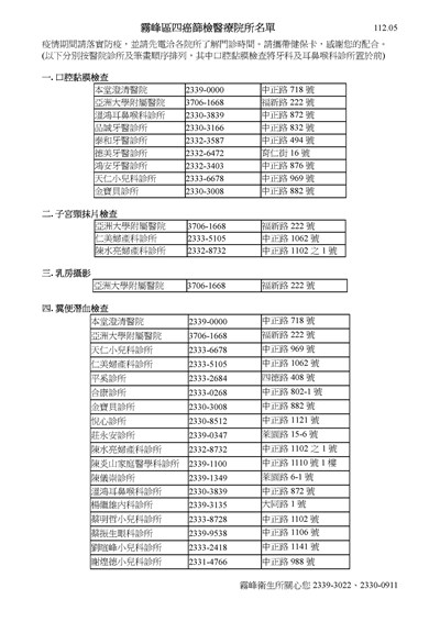 霧峰提供四癌篩檢醫療院所112.05